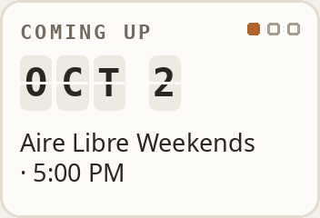 Coming up: Oct 2, Aire Libre Weekends · 5:00 PM. Coming up: Oct 2, Pumpkin Dunkin · 5:00 PM. Coming up: Oct 2, First Fridays · 6:00 PM.